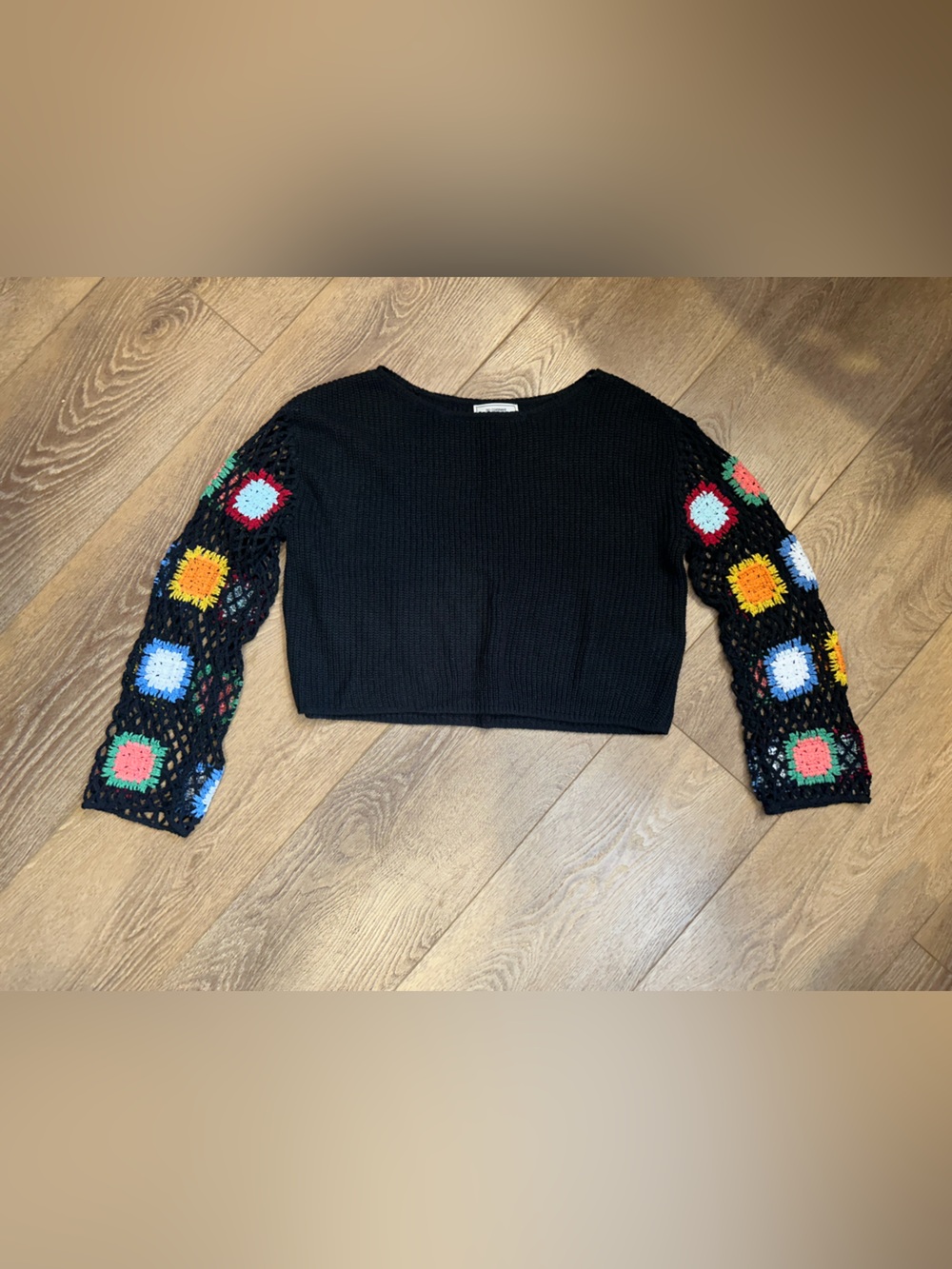 No Comment NYLA Black Knit Top with Crochet Granny Square Sleeves sz M